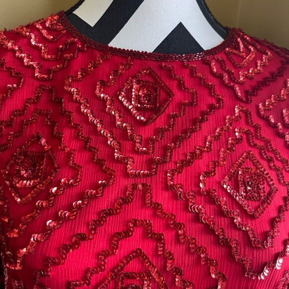 NWOT Mark and John by Gopal 100% silk red sequins& beaded over the knee dressSZM - Picture 6 of 13